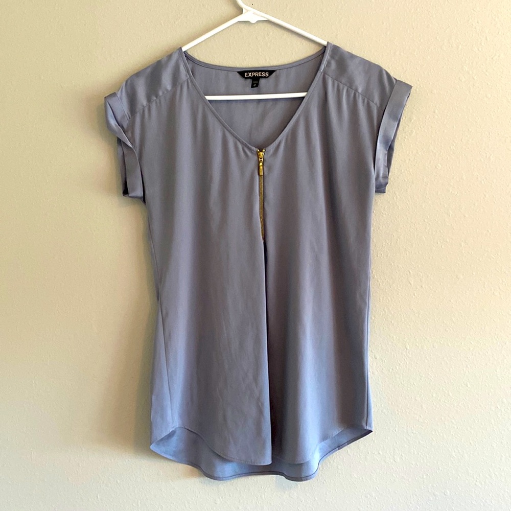 Light Grey Short Sleeve Blouse with 1/4 zip Accent